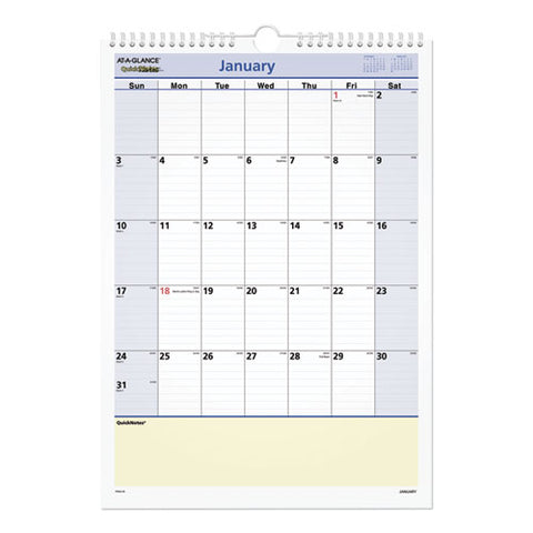 Quicknotes Wall Calendar, 12 X 17, White/blue/yellow Sheets, 12-month (jan To Dec): 2026