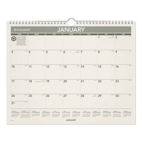 Recycled Wall Calendar, Unruled Blocks, 15 X 12, Sand/green Sheets, 12-month (jan To Dec): 2026