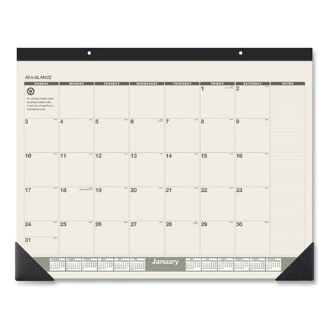 Recycled Monthly Desk Pad, 22 X 17, Sand/green Sheets, Black Binding, Black Corners, 12-month (jan To Dec): 2026