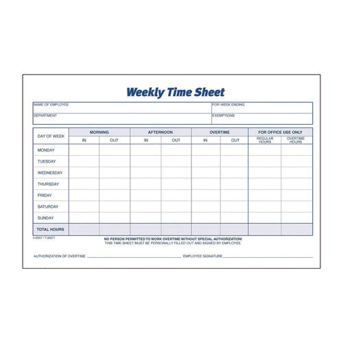 Weekly Time Sheets, One Part (no Copies), 8.5 X 5.5, 100 Forms/pad, 2 Pads/pack