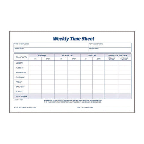 Weekly Time Sheets, One Part (no Copies), 8.5 X 5.5, 100 Forms/pad, 2 Pads/pack