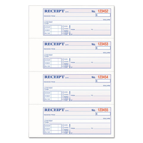 Multipart Money/rent Receipt Book, Casebound (hard Cover), Three-part Carbonless, 7 X 2.75, 4 Forms/sheet, 200 Forms Total