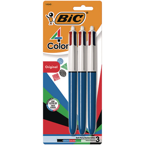 4-color Ballpoint Pen, Retractable, Medium 1 Mm, Black/blue/green/red Ink Colors, Randomly Assorted Barrel Colors, 3/pk