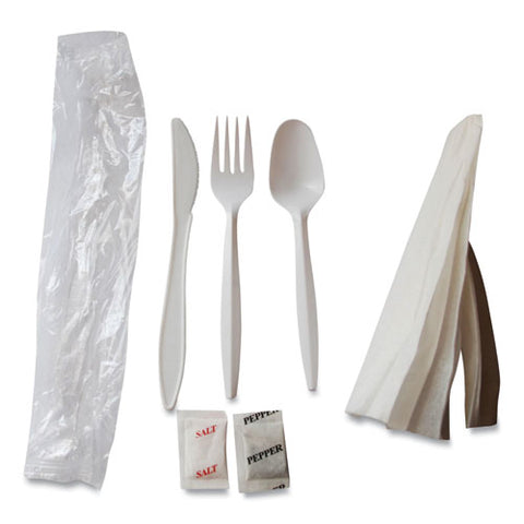 Mediumweight Cutlery Kit, Plastic Fork/spoon/knife/salt/pep/napkin, White, 250/carton