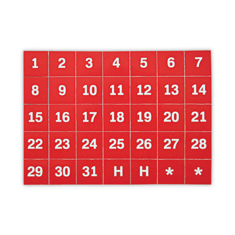 Heavy-duty Board Magnet Labels, Calendar Dates (1-31), 1" Tall, White Characters, Red Background, 35/pack