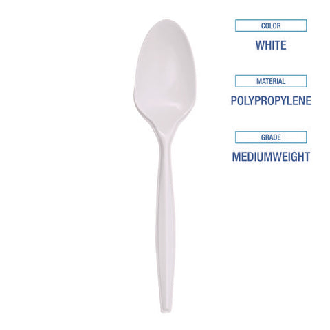 Mediumweight Polypropylene Cutlery, Teaspoon, White, 1000/carton