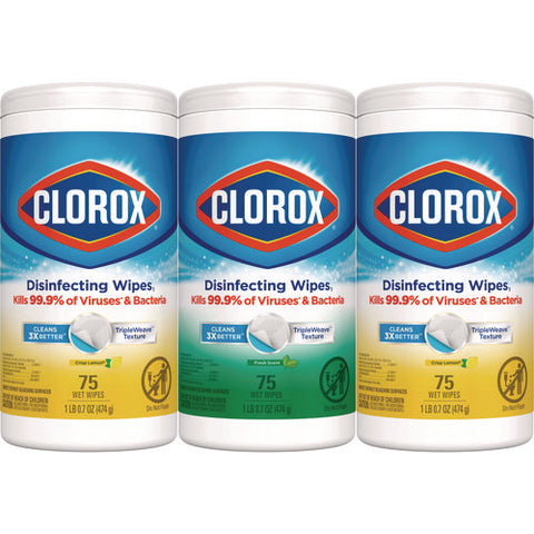 Disinfecting Wipes, Value Pack, Bleach Free Cleaning Wipes, 1-ply, 7x8, Fresh Scent/citrus Blend, White, 75/canister, 3/pack