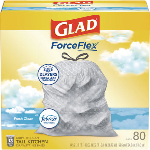 Forceflex Kitchen Drawstring Trash Bags, 13 Gal, Gain Fresh Clean Scent, 24 X 27.38, White, 80/box