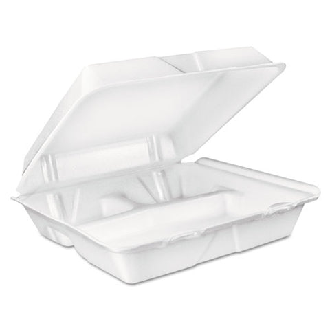 Foam Hinged Lid Container, 3 Compartments, 8 Oz, 9 X 9.4 X 3, White, 100/sleeve, 2 Sleeves/carton
