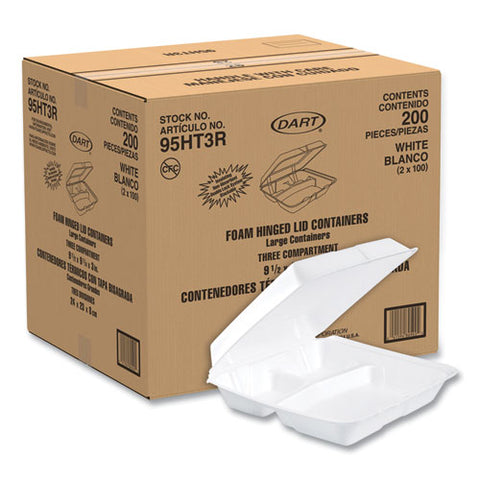 Foam Hinged Lid Containers, 3 Compartments, 9.25 X 9.5 X 3, White, 100/sleeve, 2 Sleeves/carton