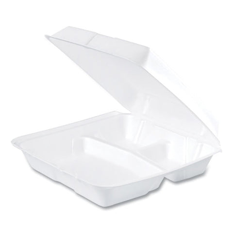 Foam Hinged Lid Containers, 3 Compartments, 9.25 X 9.5 X 3, White, 100/sleeve, 2 Sleeves/carton