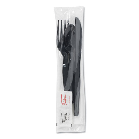 Wrapped Tableware/napkin Packets, Mediumweight, Fork/knife/napkin/spoon, Plastic, Black, 250/carton