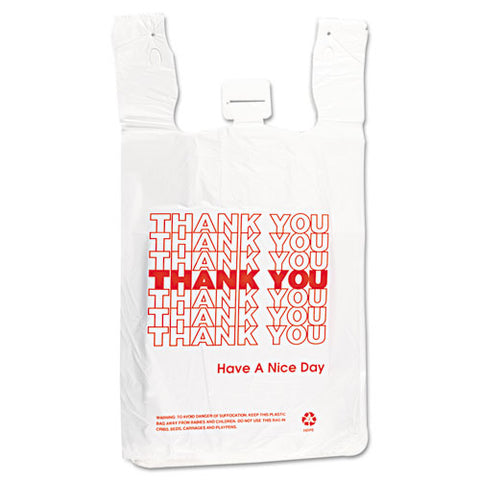 Hdpe T-shirt Bags, Thank You - Have A Nice Day Labeling, Cut-out Handles, 12" X 7" X 23", White/red, 500/carton