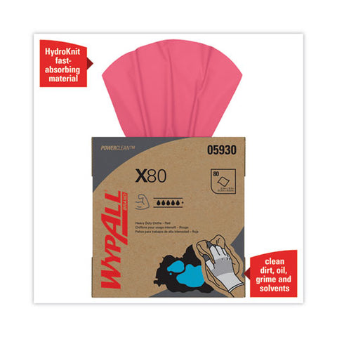 Power Clean X80 Heavy Duty Cloths, Hydroknit, Pop-up Box, 8.34 X 16.8, Red, 76/box, 5 Box/carton
