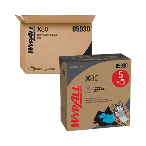 Power Clean X80 Heavy Duty Cloths, Hydroknit, Pop-up Box, 8.34 X 16.8, Red, 76/box, 5 Box/carton