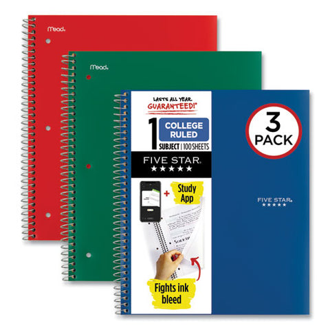 Wirebound Notebook, 1-subject, Medium/college Rule, Assorted Cover Colors, (100) 11" X 8.5" Sheets, 3/pack