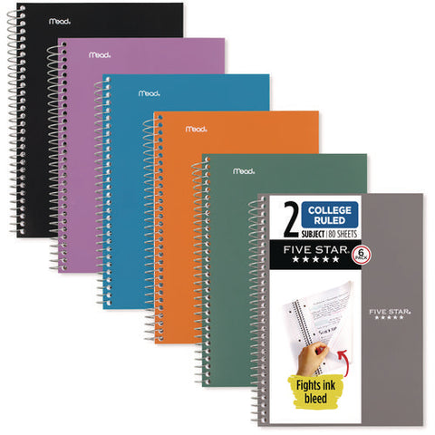 Wirebound Notebook, 2-subject, Medium/college Rule, Assorted Cover Colors, (80) 9.5 X 6.52 Sheets, 6/pack