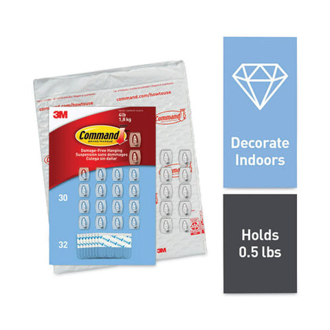 Mini Hooks, Small, Plastic, Clear, 0.5 Lb Capacity, 30 Hooks And 32 Strips/pack
