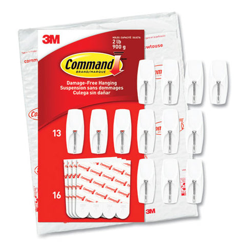 General Purpose Wire Hooks, Medium, Metal, White, 2 Lb Capacity, 13 Hooks And 16 Strips/pack