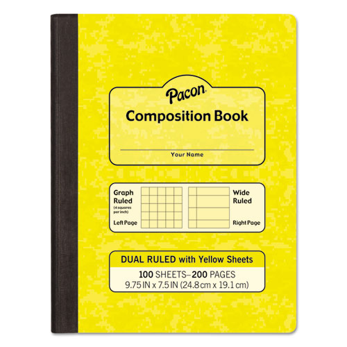 Dual Ruled Composition Book, Left: Quad Rule (4 Sq/in), Right: Wide/legal Rule (3/8"), Yellow Cover, (100) 9.75 X 7.5 Sheets