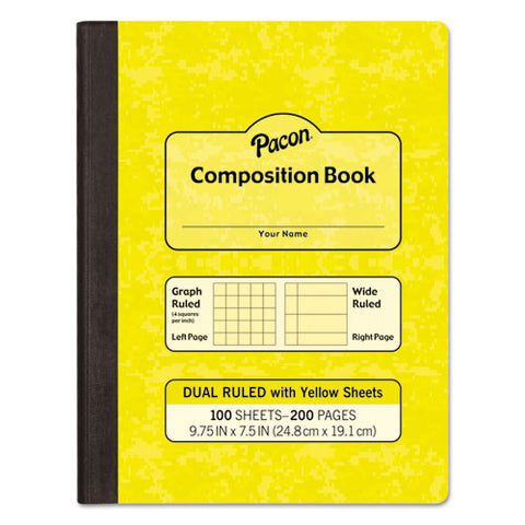 Dual Ruled Composition Book, Left: Quad Rule (4 Sq/in), Right: Wide/legal Rule (3/8"), Yellow Cover, (100) 9.75 X 7.5 Sheets
