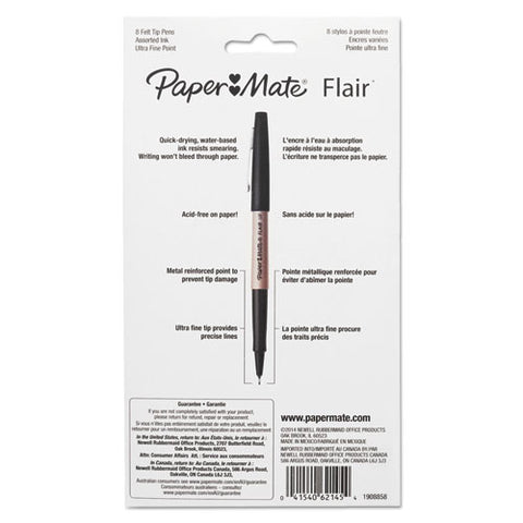 Flair Felt Tip Porous Point Pen, Stick, Ultra-fine 0.4 Mm, Assorted Ink And Barrel Colors, 8/pack