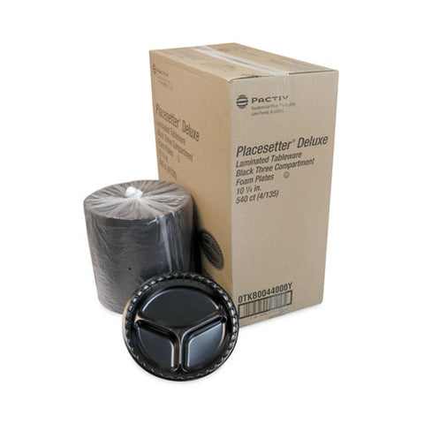 Placesetter Deluxe Laminated Foam Dinnerware, 3-compartment Plate, 10.25" Dia, Black, 540/carton
