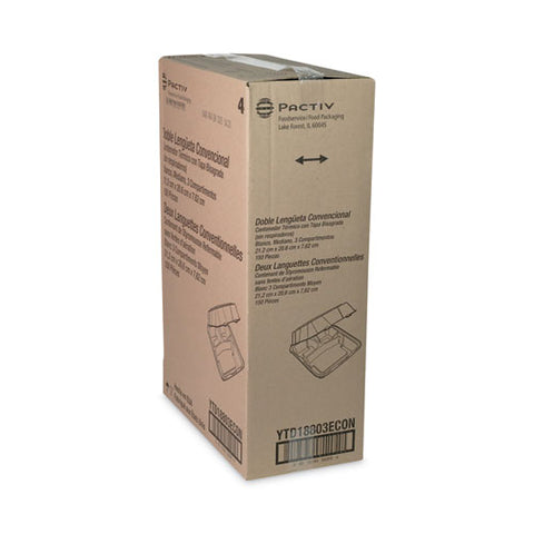 Vented Foam Hinged Lid Container, Dual Tab Lock Economy, 3 Compartments, 8.42 X 8.15 X 3, White, 150/carton
