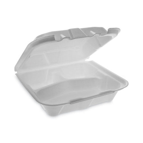 Vented Foam Hinged Lid Container, Dual Tab Lock Economy, 3 Compartments, 8.42 X 8.15 X 3, White, 150/carton