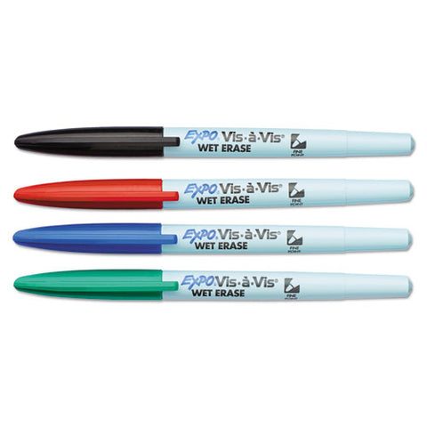Vis-a-vis Wet Erase Marker, Fine Bullet Tip, Assorted Colors, 4/set