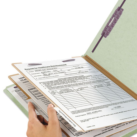 Pressboard Classification Folders, Six Safeshield Fasteners, 2/5-cut Tabs, 2 Dividers, Letter Size, Gray-green, 10/box