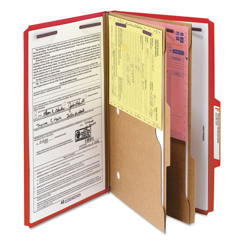 6-section Pressboard Top Tab Pocket Classification Folders, 6 Safeshield Fasteners, 2 Dividers, Legal Size, Bright Red, 10/bx