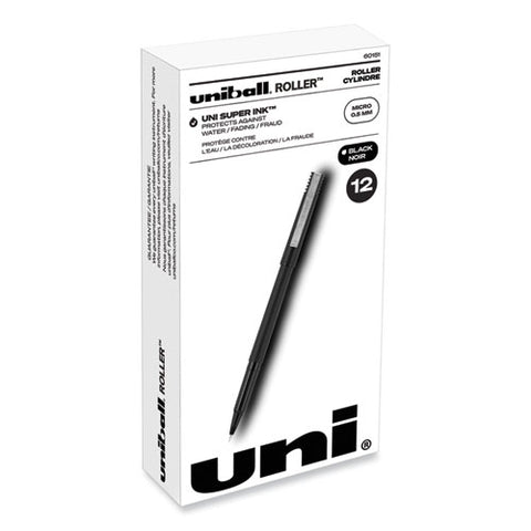 Rollerball Pen, Stick, Micro 0.5 Mm, Black Ink, Black Barrel, Dozen
