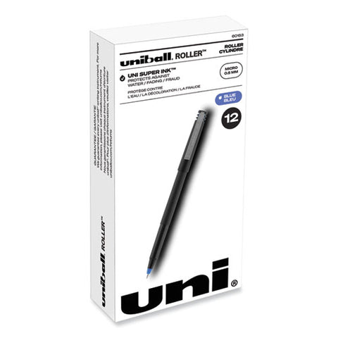 Rollerball Pen, Stick, Micro 0.5 Mm, Blue Ink, Black/blue Barrel, Dozen