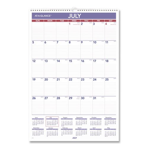 Academic Monthly Wall Calendar With Ruled Blocks, 15 X 22, White/purple/red Sheets, 12-month (july To June): 2026 To 2027