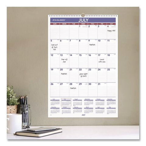 Academic Monthly Wall Calendar With Ruled Blocks, 15 X 22, White/purple/red Sheets, 12-month (july To June): 2026 To 2027