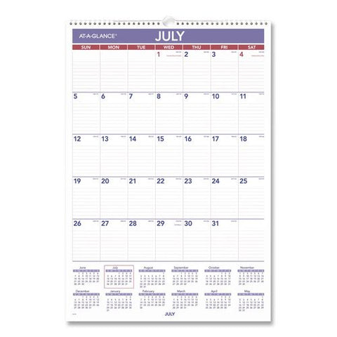 Academic Monthly Wall Calendar With Ruled Blocks, 15 X 22, White/purple/red Sheets, 12-month (july To June): 2026 To 2027