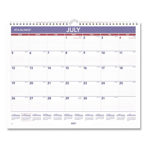 Academic Monthly Wall Calendar, 15 X 12, White/purple/red Sheets, 12-month (july To June): 2026 To 2027