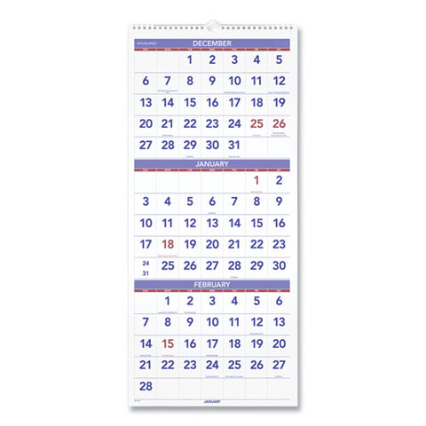 Deluxe Three-month Reference Wall Calendar, Vertical Orientation, 12 X 27, White Sheets, 14-month: Dec 2024 To Jan 2026