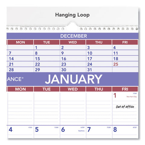 Three-month Wall Calendar, 15.5 X 22.75, White Sheets, 12-month (jan To Dec): 2025