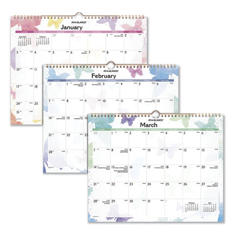 Watercolors Recycled Monthly Wall Calendar, Butterflies Artwork, 15 X 12, White/multicolor Sheets, 12-month (jan-dec): 2025