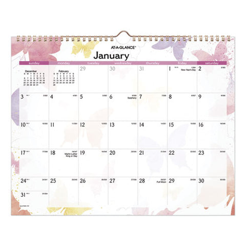 Watercolors Recycled Monthly Wall Calendar, Butterflies Artwork, 15 X 12, White/multicolor Sheets, 12-month (jan-dec): 2025