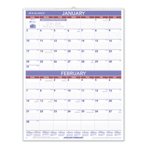 Two-month Wall Calendar, 22 X 29, White/blue/red Sheets, 12-month (jan To Dec): 2025