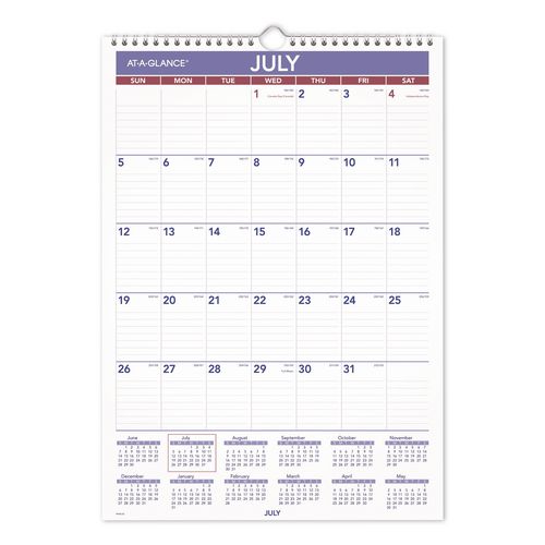 Academic Monthly Wall Calendar, 12 X 17, White/purple/red Sheets, 12-month (july To June): 2026 To 2027