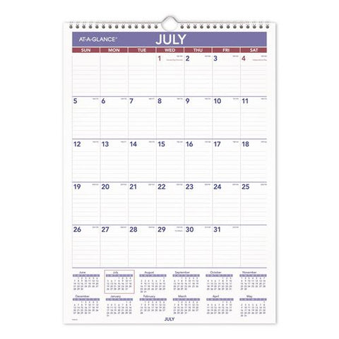 Academic Monthly Wall Calendar, 12 X 17, White/purple/red Sheets, 12-month (july To June): 2026 To 2027
