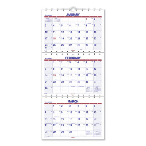 Move-a-page Three-month Wall Calendar, 12 X 27, White/red/blue Sheets, 15-month: Dec 2024 To Feb 2026