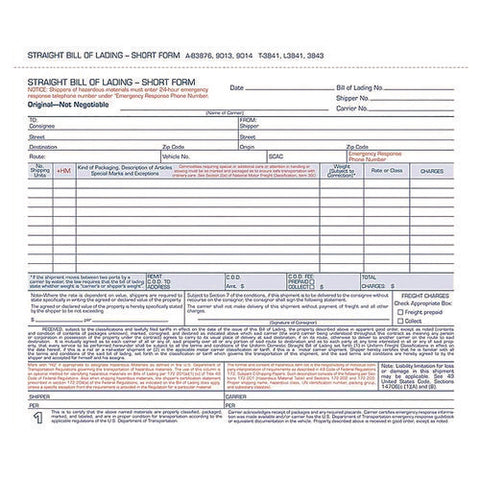 Bill Of Lading - Short Form For Up To Ten Articles, Three-part Carbonless, 8.5 X 6.94, 250 Forms Total