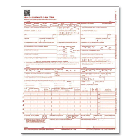 Cms Health Insurance Claim Form, Two-part Carbonless, 8.5 X 11, 100 Forms Total