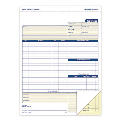 Multipart Job Invoice Forms, Two-part Carbonless, 8.5 X 10.94, 100 Forms Total