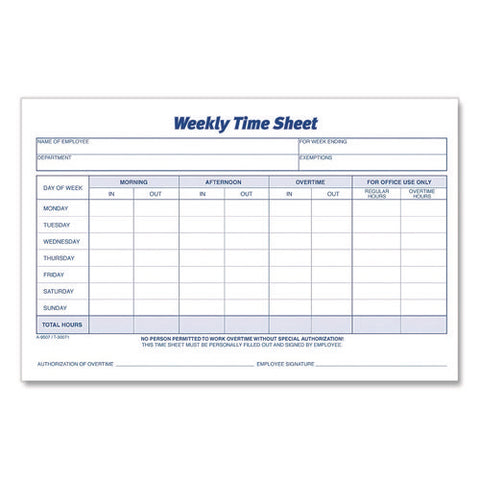 Weekly Time Sheets, Two-part Carbonless, 8.5 X 5.5, 100 Forms Total